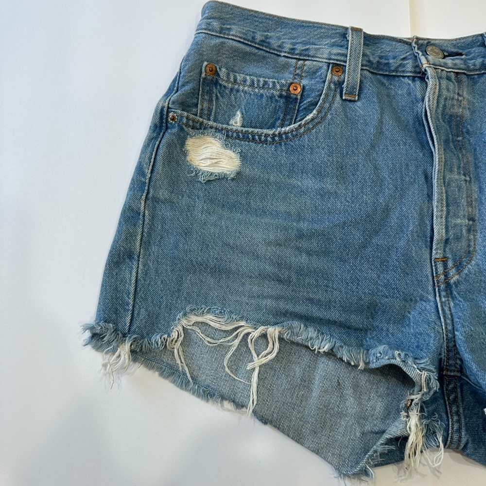 Levi's Classic 501 Blue Distressed Jean Shorts - Picture 3 of 11